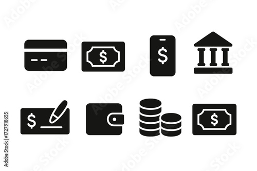 Payment Methods Icons. Solid, filled icon set of payment methods: credit card, cash, mobile payment, bank transfer, cheque, digital wallet, coin stack, dollar