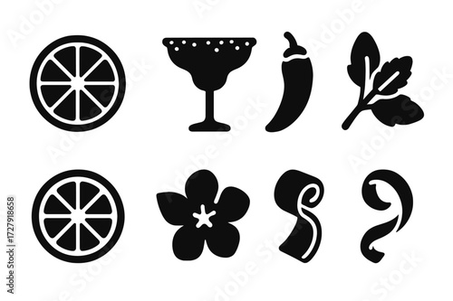 Margarita Garnish Icons. Solid, filled icon set of margarita garnishes: lime slice, salt rim, chili pepper, orange wheel, mint sprig, edible flower, cucumber