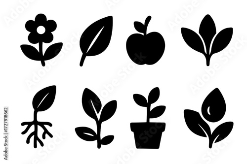 Leaf Icon Set. Solid, filled icon set of leaves and plants: leaf and flower, leaf and stem, leaf and fruit, leaf cluster, leaf with roots, leaf and seed, leaf