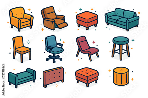 Colorful Leather Furniture Icons. Leather furniture. Colorful isometric vector icons set of Leather furniture: armchair, recliner, ottoman, sofa set, dining