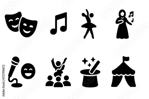 Stage Performance Icons. Solid, filled icon set of warming exercise and activities: yoga pose, running, dancing, sauna visit, hot stone massage, stretching,