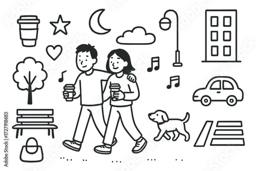 Evening Stroll Icons. Hand-drawn doodle illustration Relaxed evening stroll with friends [two people walking, coffee cups, heart, star, dog, bench, tree,