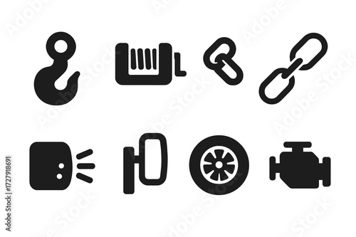 Vehicle Parts Icons. Solid, filled icon set of repo vehicles parts: hook, winch, chains, towing cables, lights, mirrors, tires, engine. [Line icons in only