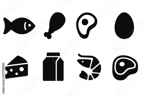 Animal Protein Icons. Solid, filled icon set of animal-based proteins: fish, chicken leg, pork chop, egg, cheese wedge, milk carton, shrimp, beef. [Line icons