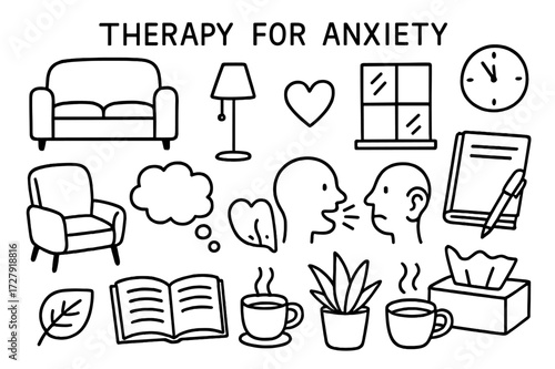 Therapy Doodle Essentials. Hand-drawn doodle illustration Therapy for anxiety [sofa, therapist chair, notebook, pen, clock, thought bubble, heart, talking