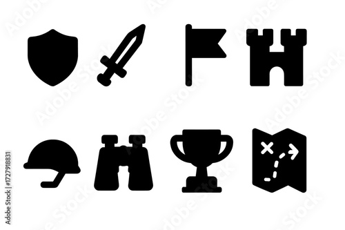 Strategic Icons Grid. Solid, filled icon set of competitive strategy: shield, sword, flag, castle, army helmet, binoculars, trophy, map. [Line icons in only