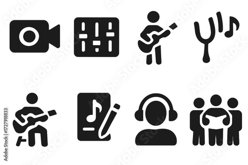 Session Activity Icons. Solid, filled icon set of session activities: recording, mixing, jamming, tuning, practicing, composing, listening, rehearsing. Solid,