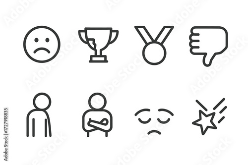Loser Concept Icons. Outline icon set of loser concept: sad face, broken trophy, empty medal, thumbs down, defeated figure, crossed arms, downcast eyes,