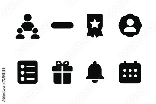 Loyalty App Icons Grid. Solid, filled icon set of loyalty app features: user levels, progress bar, loyalty tier, profile badge, history log, redeemed gift,