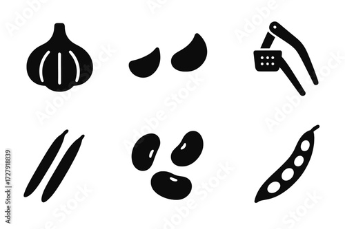 Garlic and Beans Icons. Solid, filled icon set of garlic and beans: garlic bulb, garlic clove, green beans, black beans, kidney beans, white beans, garlic