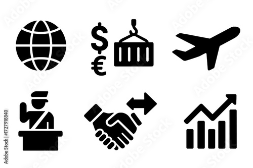 Global Market Icons. Solid, filled icon set of global markets: globe, currency symbols, shipping container, airplane, customs, trade agreement, import-export,