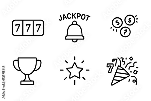 Casino Jackpot Icons. Outline icon set of casino jackpot: slot reels, jackpot bell, money stack, winning coins, trophy cup, star burst, lucky seven, confetti
