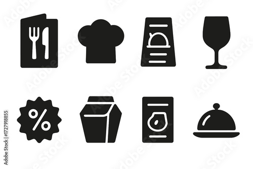 Food and Drink Icons. Solid, filled icon set of food and drink offers: menu, chef hat, food tray, wine glass, discount sticker, takeaway box, promotional