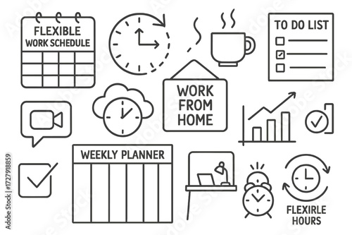 Flexible Work Symbols. Hand-drawn doodle illustration Flexible work schedule calendar, clock with arrows, weekly planner, to-do list, coffee cup,