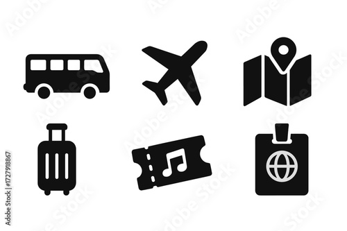 Band Tour Essentials. Solid, filled icon set of band touring: tour bus, airplane, hotel, map, luggage, concert ticket, passport, backstage. Solid, filled icons