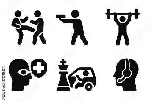 Bodyguard Skills Icons. Solid, filled icon set of bodyguard training: martial arts, firearms training, fitness, first aid, driving skills,