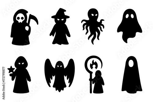 Supernatural Shadow Icons. Solid, filled icon set of supernatural shadow beings: reaper form, shadow witch, fog walker, drifting phantom, dark mage, black
