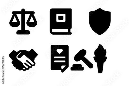 Legal Ethics Icons. Solid, filled icon set of legal ethics: balance scale, law book, judge?s gavel, shield, handshake, ethics code, lawyer?s badge, torch.