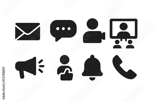 Employee Communication Icons. Solid, filled icon set of employee communication: email, chat bubble, video call, meeting room, announcement, feedback,
