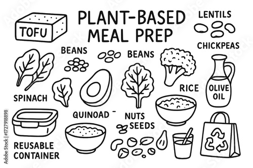 Plant-Based Meal Prep. Hand-drawn doodle illustration Plant-based meal prep tofu block, lentils, beans, chickpeas, spinach, kale, broccoli, avocado, quinoa