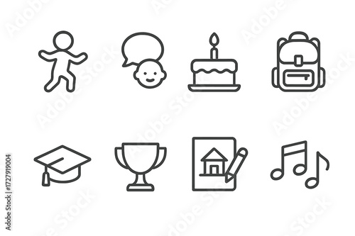Parenting Milestones Icons. Outline icon set of parenting milestones: first steps, first words, birthday cake, school bag, graduation cap, sports trophy,