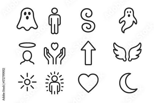 Ethereal Icon Set. Ethereal departure. Line icon set of ethereal departure: ghostly silhouette, human figure, ethereal swirl, floating spirit, halo, open