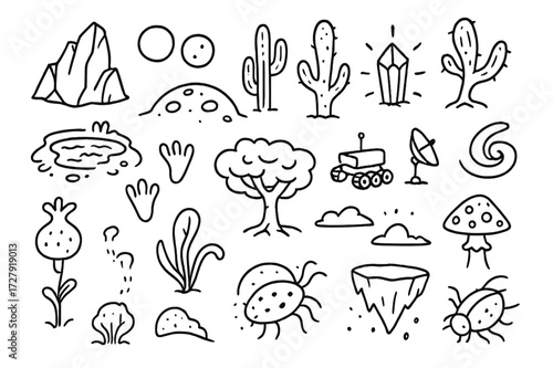Alien Landscape Doodles. Hand-drawn doodle illustration [Alien landscapes] [jagged rock, alien cactus, twin suns, cratered hill, glowing crystal, alien tree,