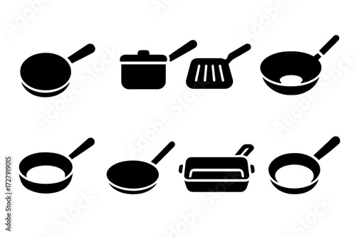Black Pan Icons Set. Solid, filled icon set of pans: frying pan, saucepan, grill pan, wok, saute pan, crepe pan, roasting pan, skillet. [Line icons in only