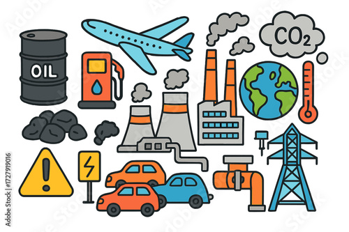 Fossil Fuels Icons. Fossil fuels. Colorful Hand-drawn doodle Children illustration Oil barrel, coal, gas pump, power plant, factory smokestacks, car, airplane,