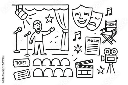 Theater Icons Illustration. Stage performance. Hand-drawn doodle illustration stage performance spotlight, stage curtain, microphone, actor, comedy mask,