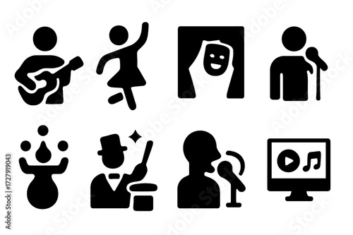 Performance Icons Grid. Solid, filled icon set of performance types by medium: live music, dance, theater, stand-up comedy, circus, magic, spoken word,