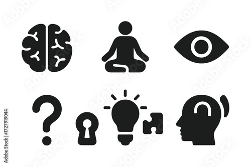 Icons of Mental Clarity. Solid, filled icon set of mental independence: brain, meditation pose, open eye, question mark, light bulb, puzzle piece, keyhole,