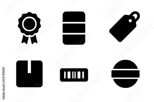 Security Banderol Icons. Solid, filled icon set of security banderol: sealed label, barcode band, adhesive strip, shipping tag, parcel sticker, product