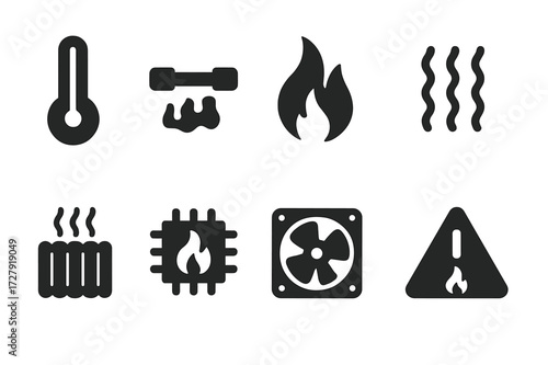 Thermal Overload Icons. Solid, filled icon set of thermal overload: thermometer high, melting fuse, fire flame, heat wave, radiator overheating, CPU
