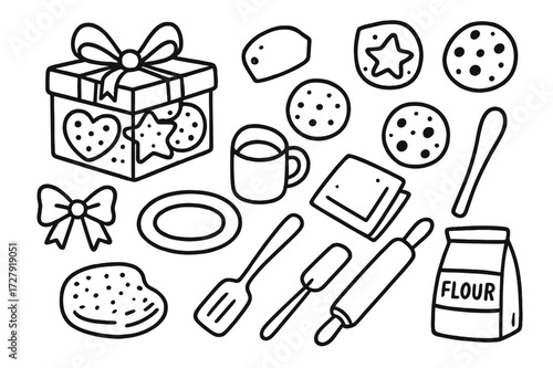 Cookie Gift Doodle. Hand-drawn doodle illustration Cookie gift box [cookie box, ribbon, heart cookie, star cookie, round cookie, chocolate chip cookie, tag,