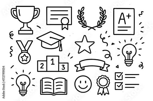 Academic Achievement Icons. Hand-drawn doodle illustration academic achievement trophy, certificate, laurel wreath, A+ paper, graduation cap, medal, podium,