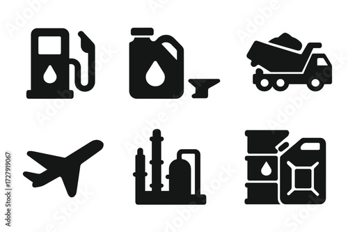 Oil Product Icons. Solid, filled icon set of oil products: gasoline pump, diesel, lubricants, asphalt, jet fuel, petrochemical plant, barrels, fuel canister.