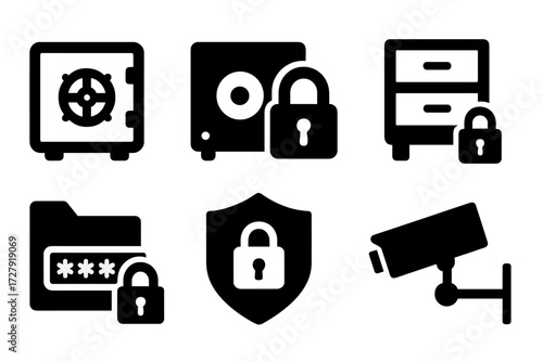 Secure Storage Icons. Solid, filled icon set of secure storage: vault, locked safe, encrypted disk, secure cabinet, password protected folder, shield with