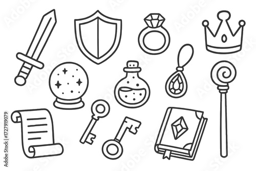 Magical Artifacts Doodle. Magical Artifacts. Hand-drawn doodle illustration sword, shield, magic ring, crown, amulet, crystal ball, potion bottle, scroll, key,