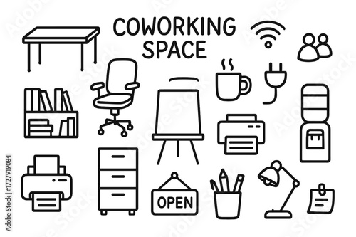 Coworking Space Doodles. Hand-drawn doodle illustration [coworking spaces] [desk, office chair, Wi-Fi symbol, coffee mug, group icon, power plug, bookshelf,