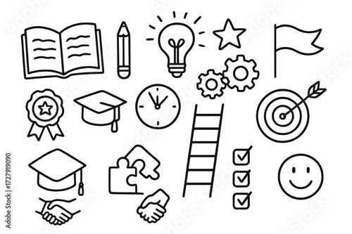Personal Growth Doodle. Hand-drawn doodle illustration personal growth and learning open book, pencil, light bulb, gears, star, puzzle piece, target, flag,