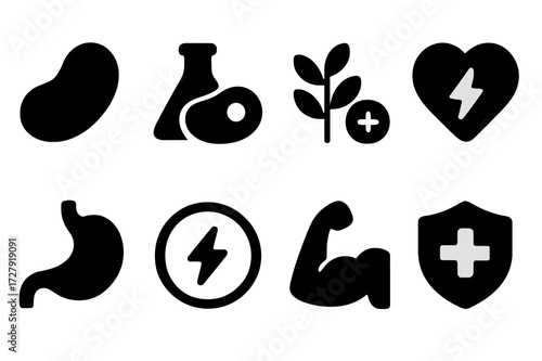 Fried Bean Icon Set. Solid, filled icon set of fried bean health benefits: protein, fiber, antioxidants, heart health, digestion, energy, muscle, immunity.