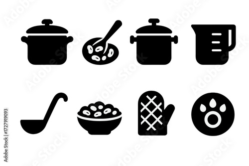 Navy Bean Cooking Tools. Solid, filled icon set of navy bean cooking tools: cooking pot, spoon stirring beans, pressure cooker, measuring cup, ladle, bowl of