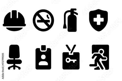 Workplace Safety Icons. Solid, filled icon set of workplace policies: safety helmet, no smoking sign, fire extinguisher, health check, ergonomic chair, ID