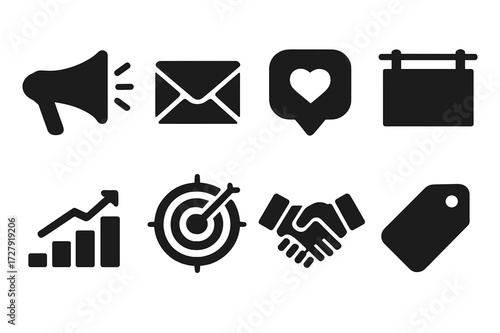 Marketing Icon Set. Solid, filled icon set of marketing offers: megaphone, email, social media, banner, chart, target, handshake, sale tag. Solid, filled icons