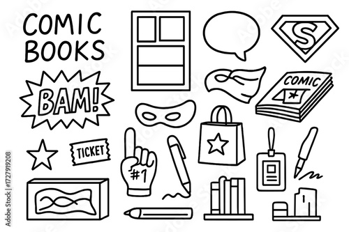 Comic Book Icons. Comic books. Hand-drawn doodle illustration comic books comic page, superhero logo, speech bubble, action word ?BAM!?, mask, cape, stack of