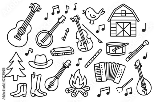 Folk Music Doodle Icons. Hand-drawn doodle illustration folk music acoustic guitar, banjo, harmonica, fiddle, mandolin, accordion, drum, flute, hat, boots,