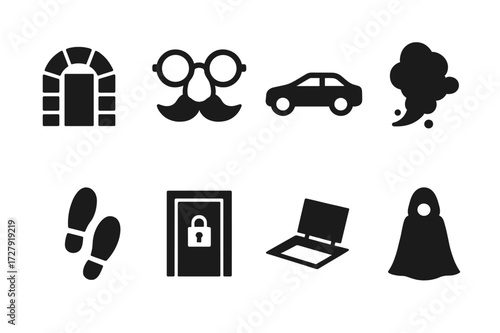 Secrecy and Evasion Icons. Solid, filled icon set of secrecy escape and evasion: secret passage, disguise kit, getaway car, smoke bomb, stealth footsteps,