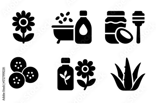 Natural Remedy Icons. Solid, filled icon set of irritation natural remedies: chamomile, oatmeal bath, coconut oil, honey, cucumber slices, tea tree oil,