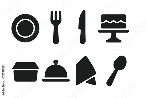 Cake Serving Icons. Solid, filled icon set of cake serving: plate, fork, knife, cake stand, box, platter, napkin, serving spoon. Solid, filled icons in only